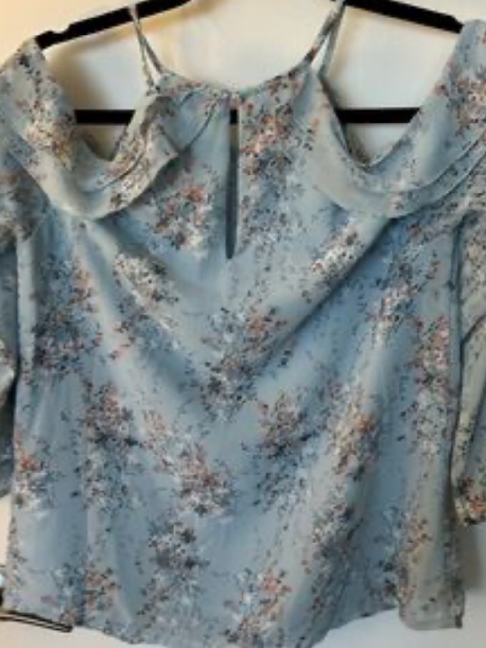 Aqua Light Blue Floral Cold-Shoulder Top